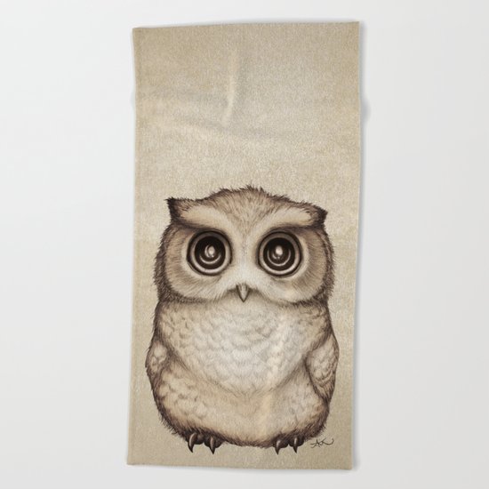 "The Little Owl" by Amber Marine ~ Graphite & Ink Illustration, (c) 2016 Beach Towel