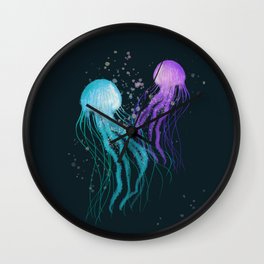 Couple Jellyfish dancing in the dark sea Wall Clock