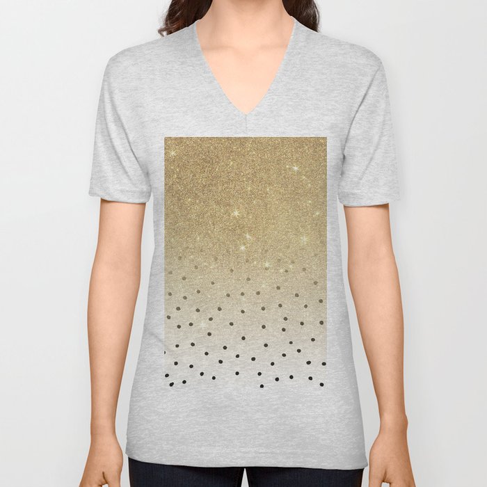 Black white polka dots gold glitter ombre V Neck T Shirt