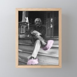 Satirical Einstein in Fuzzy Pink Slippers Classic E = mc² Black and White Satirical Photography  Framed Mini Art Print