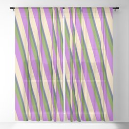 [ Thumbnail: Colorful Slate Blue, Dark Slate Gray, Green, Orchid & Beige Colored Striped Pattern Sheer Curtain ]