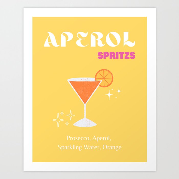 Aperol Spritz, Aperol, Cocktail, Drinks, Cocktail Art, Preppy, Preppy Room, Yellow Art Print