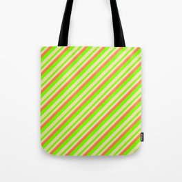 [ Thumbnail: Coral, Chartreuse, and Pale Goldenrod Colored Lined/Striped Pattern Tote Bag ]