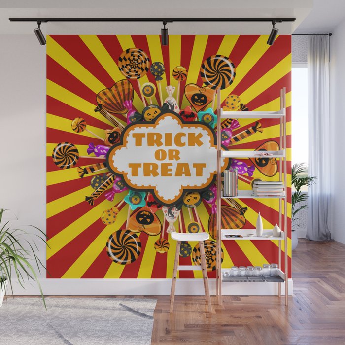 Halloween Trick or Treat Candy and sweets. Autumn october holiday tradition celebration poster. Vintage illustration isolated Wall Mural