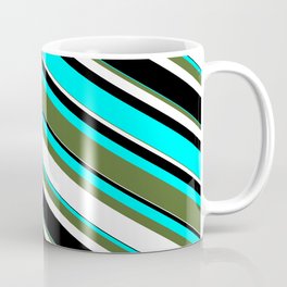 [ Thumbnail: Cyan, Dark Olive Green, White, and Black Colored Lined/Striped Pattern Coffee Mug ]
