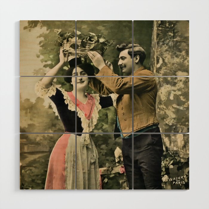 Vintage French couple love basket Wood Wall Art