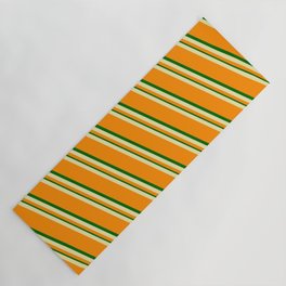 [ Thumbnail: Pale Goldenrod, Dark Orange, and Dark Green Colored Lined Pattern Yoga Mat ]