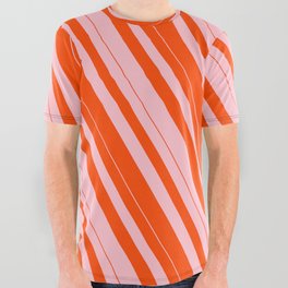[ Thumbnail: Pink and Red Colored Lined Pattern All Over Graphic Tee ]