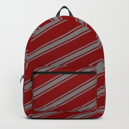 [ Thumbnail: Dark Red and Gray Colored Pattern of Stripes Backpack ]