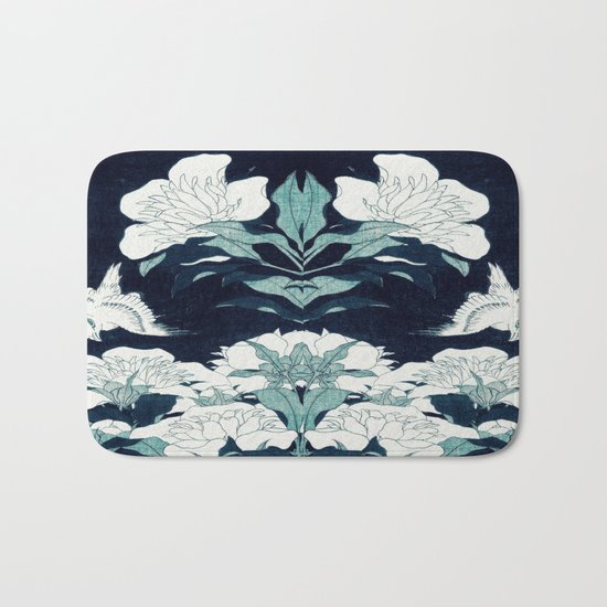 JAPANESE FLOWERS Midnight Blue Teal Bath Mat
