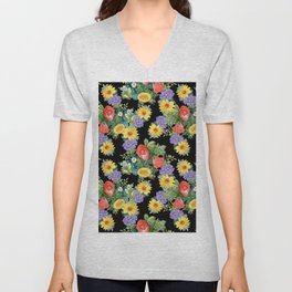 Summertime garden flowers watercolor seamless pattern on black background. Beautiful hand drawn texture. Romantic background V Neck T Shirt