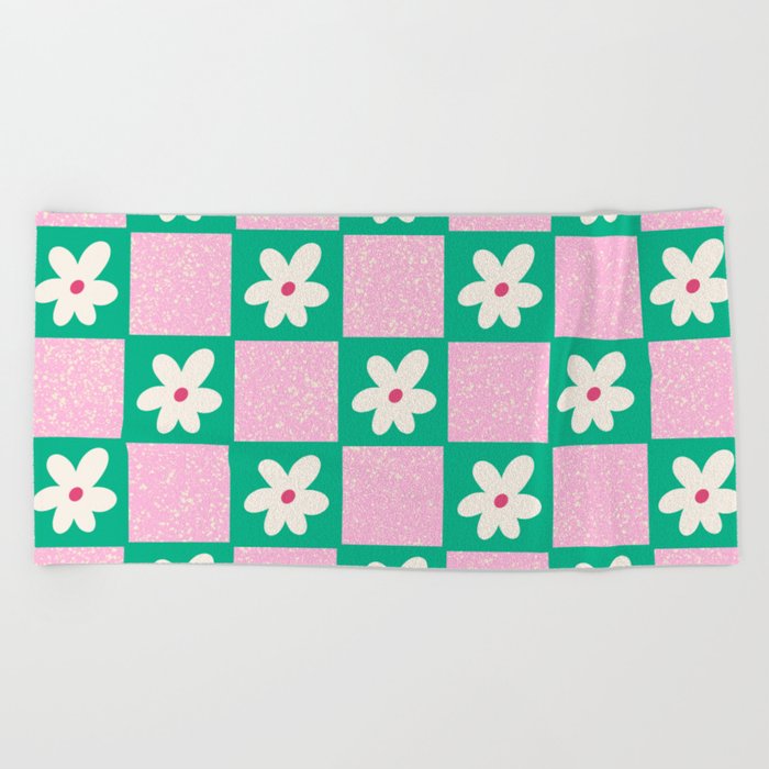 Sprinkle Spring of Daisies - Pink and Bright Green Beach Towel