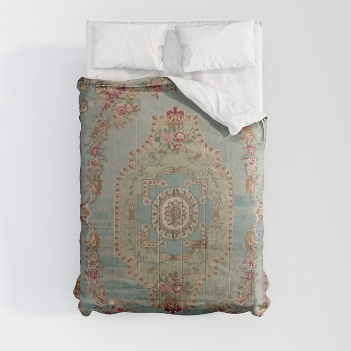 Antique French Rose Blue Aubusson  Comforter