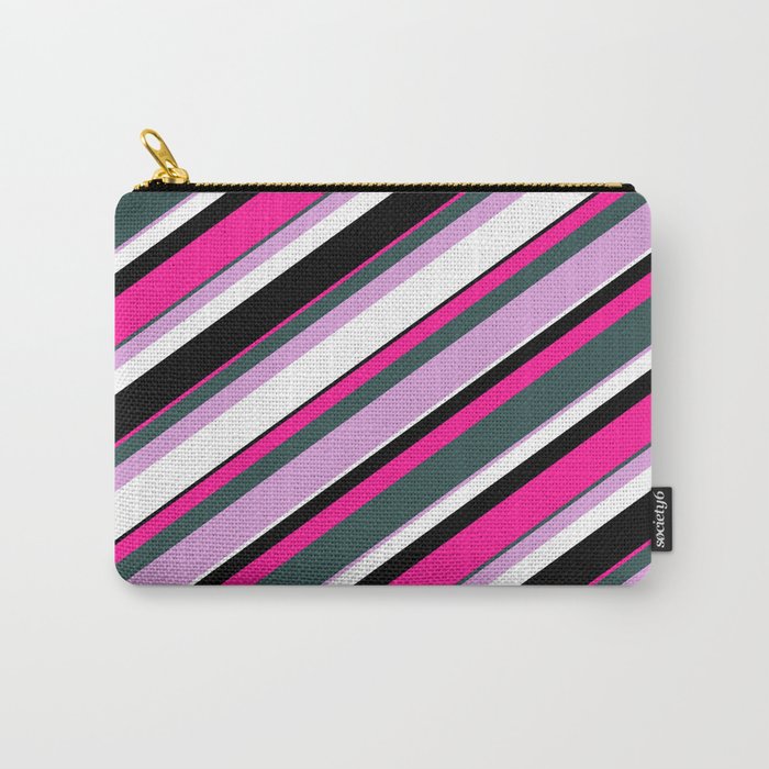 Eyecatching Deep Pink, Dark Slate Gray, Plum, White & Black Colored Lines Pattern Carry-All Pouch