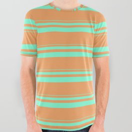[ Thumbnail: Aquamarine and Brown Colored Lined Pattern All Over Graphic Tee ]