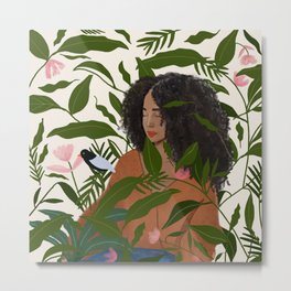 Aanu the plant lady  Metal Print | Jungle, Summergirl, Interior, Ink, Blackgirlmagic, Blackgirlart, Leaves, Urbanjungle, Foliage, Green 