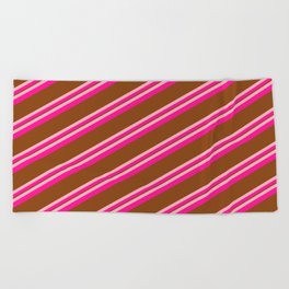 [ Thumbnail: Light Pink, Deep Pink & Brown Colored Lined/Striped Pattern Beach Towel ]