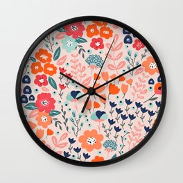 Ditsy Florals, Pink, Orange, Teal, Navy Wall Clock