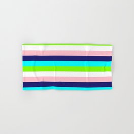 [ Thumbnail: Pink, Midnight Blue, Cyan, Chartreuse, and White Colored Lined/Striped Pattern Hand & Bath Towel ]