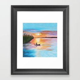 Acrylic Sunset on Lake with Fisherman Framed Art Print