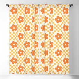 Retro Flower Double Checker in Yellow & Orange Blackout Curtain | Digital, Graphicdesign, Check, Checker, White, Orange, Flower, Checkerboard, Retro, Pop Art 