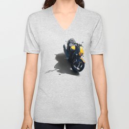  A modern, bright yellow and black motorcycle parked outside on a sunny day V Neck T Shirt