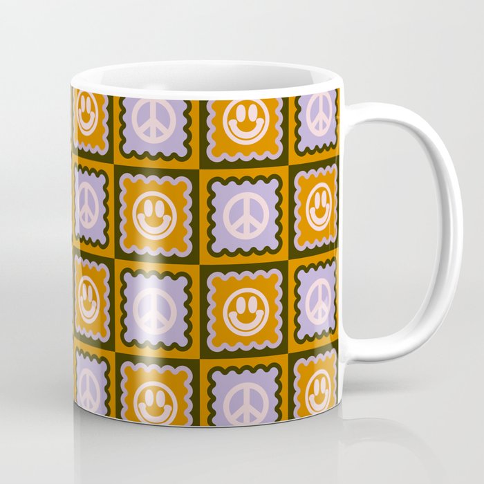 Funky Checkered Smileys and Peace Symbol Pattern (Dark Brown, Ginger Brown, Lilac, Muted Pink) Coffee Mug