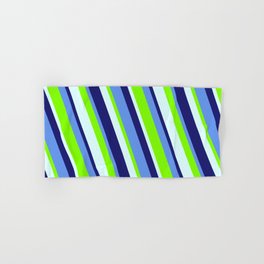 [ Thumbnail: Cornflower Blue, Chartreuse, Light Cyan, and Midnight Blue Colored Lined Pattern Hand & Bath Towel ]