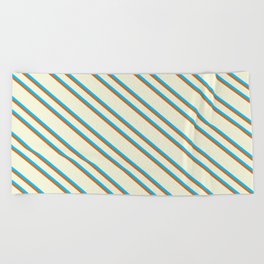 [ Thumbnail: Beige, Deep Sky Blue & Chocolate Colored Lines Pattern Beach Towel ]