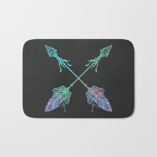 Tribals Arrows Turquoise on Gray Black Bath Mat