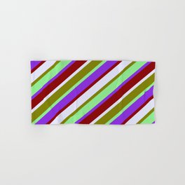 [ Thumbnail: Vibrant Light Green, Purple, Dark Red, Lavender, and Green Colored Lined/Striped Pattern Hand & Bath Towel ]