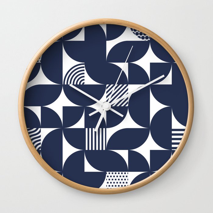 Navy Blue Mid Century Bauhaus Semi Circle Pattern Wall Clock