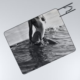 Alone at the Beach in Malibu, female form exiting ocean black and white photography Picnic Blanket