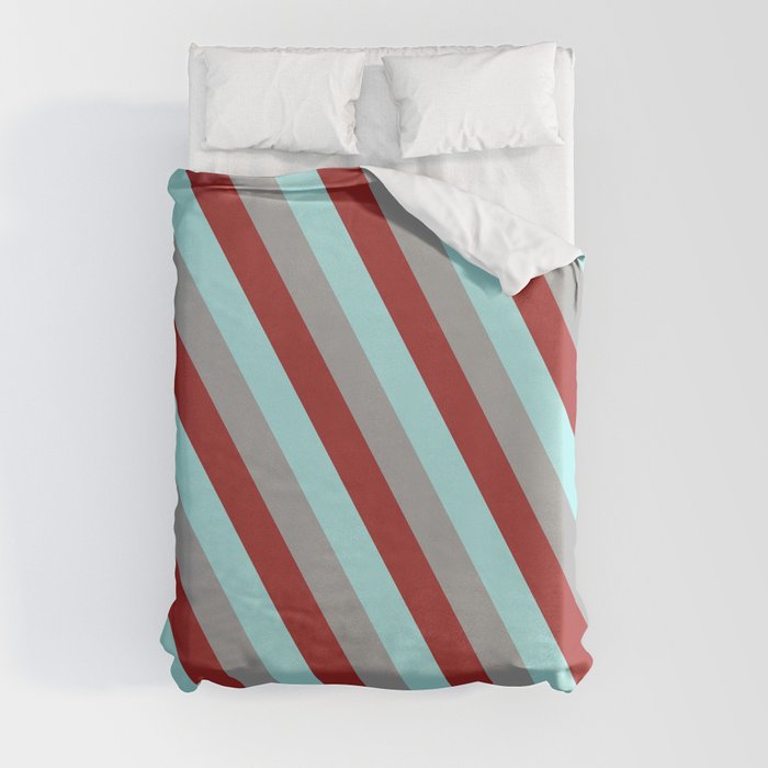 Dark Grey, Brown, and Turquoise Colored Striped Pattern Duvet Cover