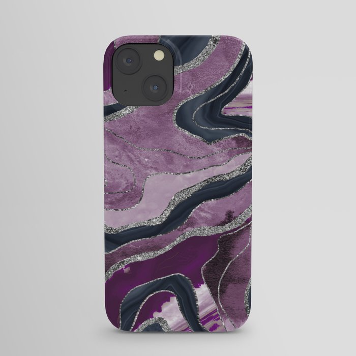 Navy Blue Pink Marble Agate Silver Glitter Glam #1 (Faux Glitter) #decor #art #society6 iPhone Case