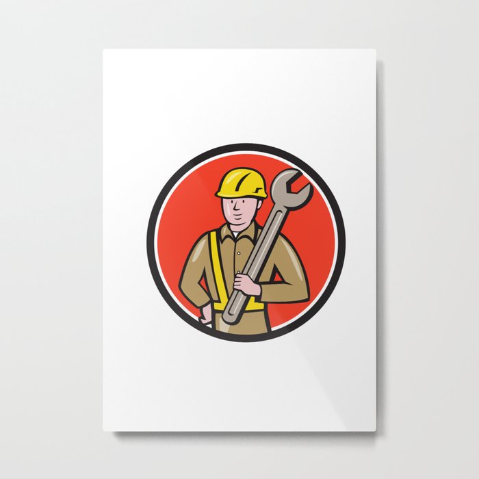 Construction Worker Spanner Circle Cartoon Metal Print