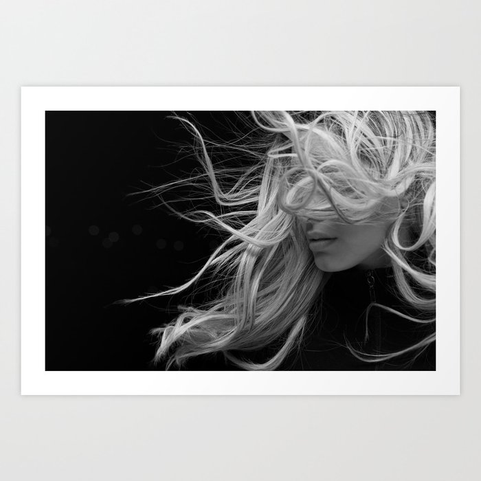 Blond with the wind in her hair black and white portrait photograph / photography / photographs Art Print