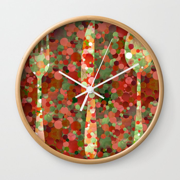 Red Silverware Set Art Let's Eat Wall Clock