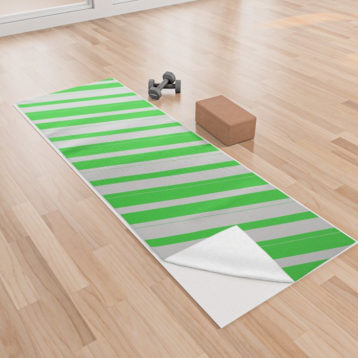 Lime Green & Light Grey Colored Lines Pattern Yoga Towel