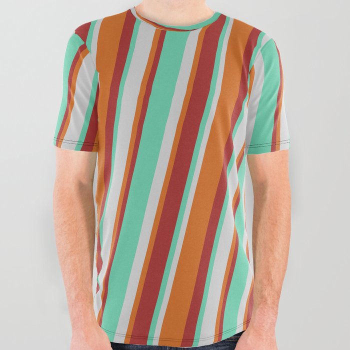 Aquamarine, Light Grey, Chocolate & Brown Colored Striped/Lined Pattern All Over Graphic Tee