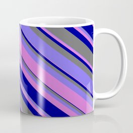 [ Thumbnail: Medium Slate Blue, Orchid, Dark Blue & Dim Grey Colored Stripes/Lines Pattern Coffee Mug ]