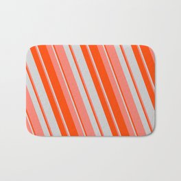 [ Thumbnail: Red, Light Grey & Salmon Colored Striped/Lined Pattern Bath Mat ]