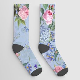 Blue Vintage Spring Flower Rose Botanical Garden Socks