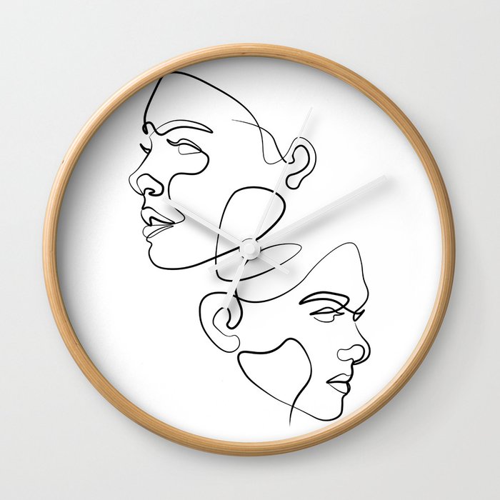 TWO WOMAN FACES IN DIFFERENT DIRECTIONS ONE LINE ART DESIGN Wall Clock