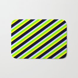 [ Thumbnail: Colorful Blue, Lavender, Green, Yellow, and Black Colored Stripes Pattern Bath Mat ]