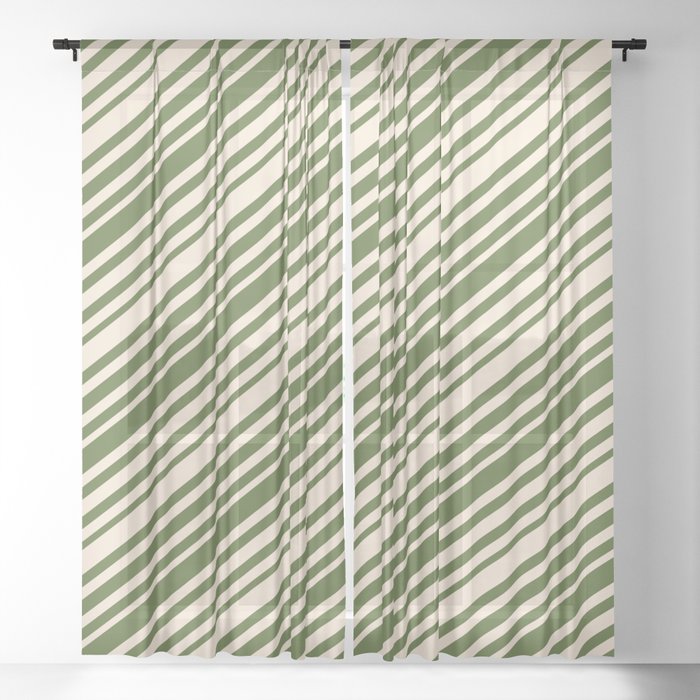 Beige & Dark Olive Green Colored Pattern of Stripes Sheer Curtain