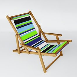 [ Thumbnail: Colorful Light Sky Blue, Chartreuse, Midnight Blue, White & Black Colored Striped/Lined Pattern Sling Chair ]