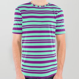 [ Thumbnail: Purple & Aquamarine Colored Pattern of Stripes All Over Graphic Tee ]