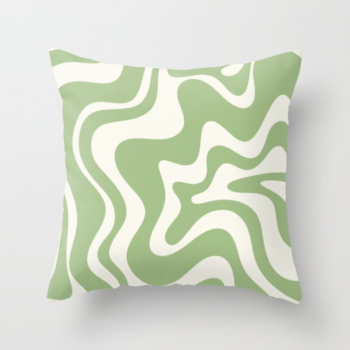Retro Liquid Swirl Abstract Pattern in Light Sage Green and Cream Throw Pillow