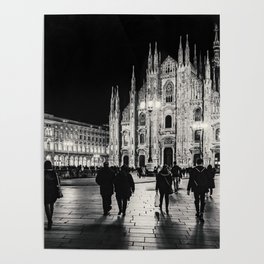 Black and White Duomo Piazza Night Scene, Milan City, Italy Poster